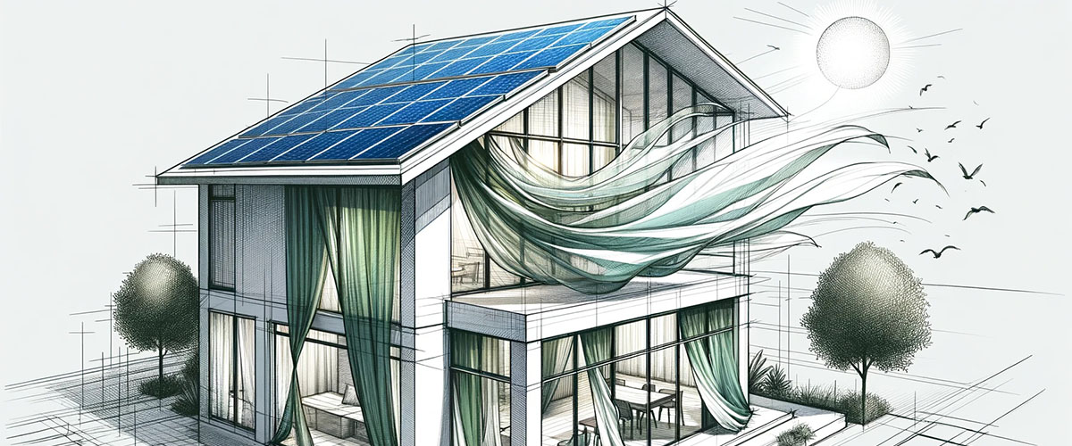 vivienda sostenible con ventilación cruzada y paneles solares